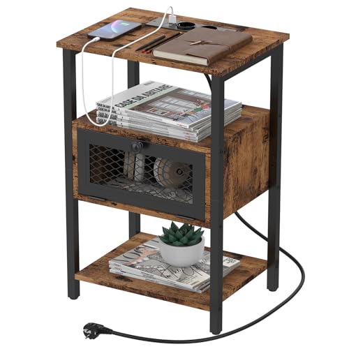 YBING Nachttisch mit Ladestation, Moderner Schmaler Beistelltisch Kleiner, Minimalistisch Holz Nachttisch mit 2 Steckdosen und 2 USB-Anschlüsse, für Schlafzimmer, Wohnzimmer?Schwarz?