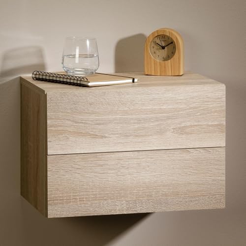 CARO-Möbel Hängender Nachttisch ANNI mit 2 Schubladen in Sonoma Eiche, robuster Spanplatte, griffloses öffnen, vielseitig einsetzbar & platzsparend durch Wandmontage.