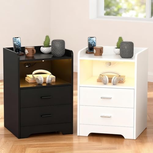 Vkechh Nachttisch mit LED-Beleuchtung und Ladestation,Moderner Nachtschrank mit 2 Schubladen & USB-Anschlüssen, Stauraum für Schlafzimmer & Wohnzimmer, Schwarz & Weiß (40x35x58cm)