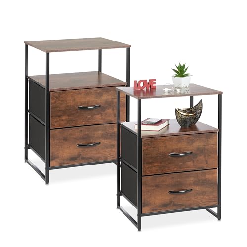 Relaxdays Nachttisch Industrial, 2er Set, HBT 70 x 45 x 42,5 cm, 2 Schubladen, Nachtschrank Schlafzimmer, schwarz/braun