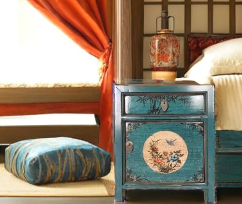 OPIUM OUTLET Chinesisches Nacht-Schränkchen asiatischer Nachttisch Kleiner Nacht-Schrank orientalische Schlafzimmer-Kommode Konsole Shabby-chic blau-türkis, komplett montiert