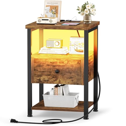 iSunirm Nachttisch mit LED Beleuchtung, braun Beistelltisch mit Steckdose und USB, Nachttisch mit Schubladen aus Holz, Nachttische für Schlafzimmer & Wohnzimmer, Braun