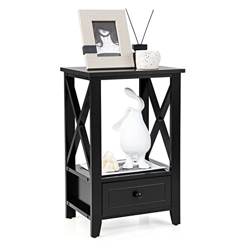 COSTWAY 2 Ebenen Nachttisch mit Schublade, Beistelltisch Holz, moderner Nachtschrank, Nachtkommode für Boxspringbett, 40 x 30 x 61,5 cm, Schwarz