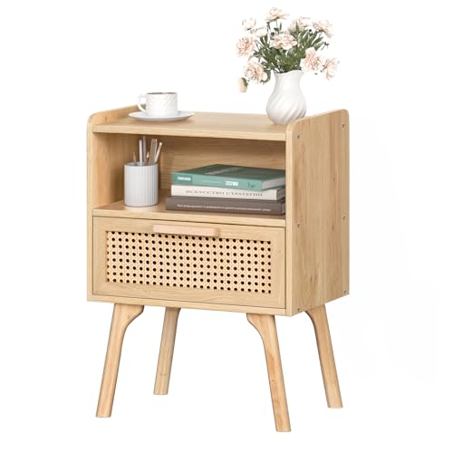 LELELINKY Nachttisch Rattan, Holz Boho Beistelltisch mit Rattan Dekoriert Schubladen und Offenem Regal, Kleiner Nachttische, Nachtkommode mit Tischbeine aus Massiv für Wohnzimmer, Schlafzimmer, Natur