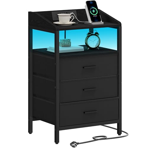 Hzuaneri LED Leuchten Ladestation, Beistelltisch 3 Stoff Schubladen Regalen, USB Anschlüssen & Steckdosen, für, Wohnzimmer, NS36304B
