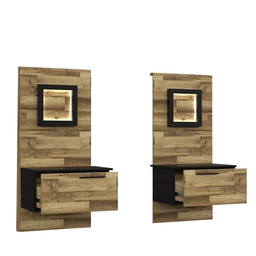 möbelando Nachtkonsole >JAKOBINA< im Industrial-Stil (Stabeiche Dekor/Schwarz Eiche) mit 1 Schublade, LED-Beleuchtung und Ablagefläche. Maße: 54,7x119,7x41,1 cm, Set mit 2 Konsolen.