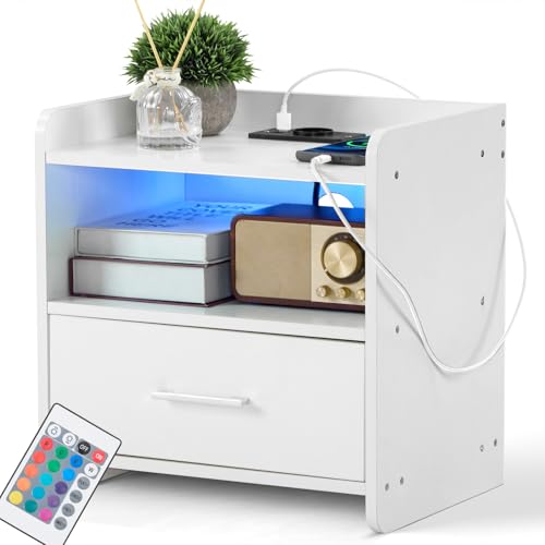 Bonnlo Nachttisch mit LED-Beleuchtung & USB-Anschlüssen, Kleiner Beistelltisch, Nachtschrank mit Schubladen, Nachtkommode Boxspringbetten, Kommode 30cm breit Schlafzimmer, 39 x 29x 41 cm, Weiß