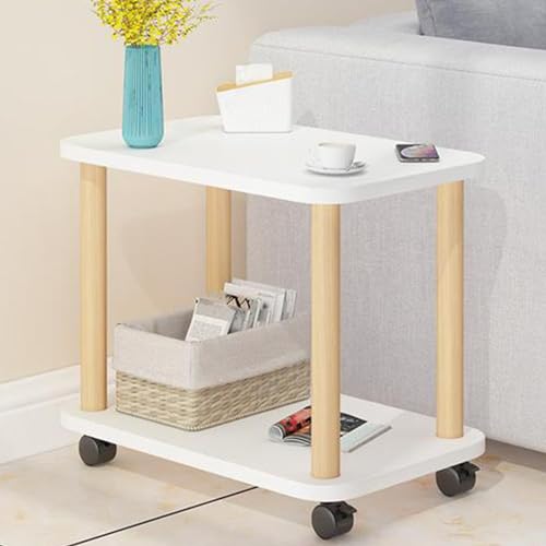 Rollbarer Beistelltisch aus Holz mit 2-stufigem Ablagefach für kleine Räume im Wohnzimmer und Schlafzimmer (weiß)
