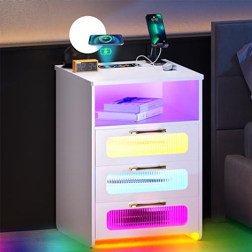 Figbird Nachttisch mit Beleuchtung & 3 schubladen,LED Nachttisch mit Ladefunktion,Nachtschrank mit USB Anschlüsse für Wohnzimmer