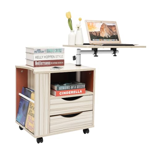 TONFEION Drehbarer Nachttisch, Höhenverstellbarer Sofa-Beistelltisch mit 2 Schubladen & Rollen, Laptoptisch Betttisch auf Rollen, Nachtkommode mit offenen Regalen, für Wohnzimmer & Büros