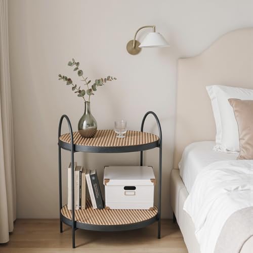 H HOMEWINS Beistelltisch aus Holz und Metall, Ø40 cm, H45 cm, Holzplatte & schwarzer Eisenrahmen, Moderner Nachttisch, Couchtisch oder Ablagetisch