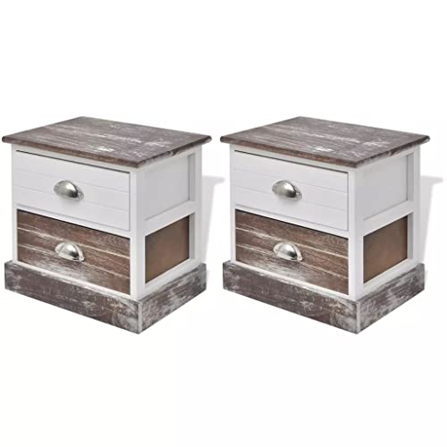 Tidyard 2er Set 2 Schubladen, Landhausstil Nachtschrank Nachtkommode Ablagetisch Holz Braun und Wei?