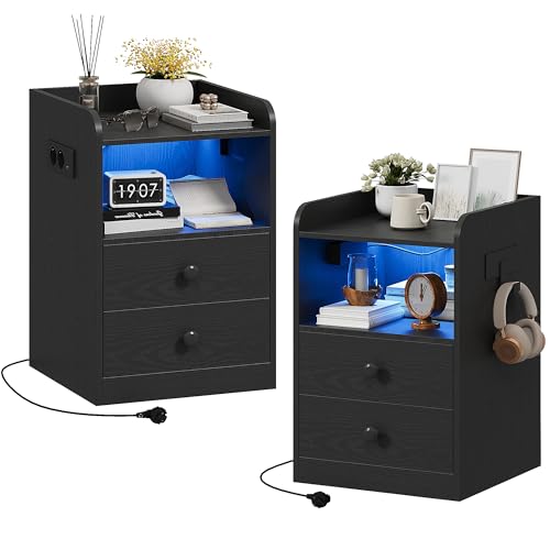 IRONCK Nachttisch 2er Set mit Steckdose und LED, Beistelltisch mit 1 USB & 1 Typ-C Anschlusse, Nachtschrank 2 Schubladen&offene Fächer, Sofatisch für Wohnzimmer, Schlafzimmer, Arbeitszimmer, Schwarz