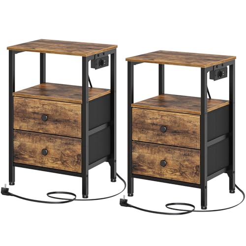 YATINEY Nachttisch 2er-Set mit Ladefunktion, Nachtschrank mit 2 Schubladen, Beistelltisch mit USB-Anschlüssen und Regalen, für Wohnzimmer, Schlafzimmer, Vintagebraun und Schwarz XET02L2CBR