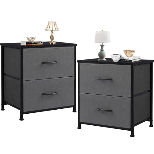 DUMOS Nachttisch 2er Set Beistelltisch Stoff Schubladenschrank Schmal Schrank Kommode Schlafzimmer Industrial Stil für Wohnzimme Kinderzimmer Flur Aufbewahrungsschrank