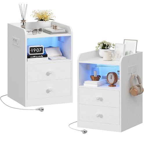 IRONCK Nachttisch 2er Set mit Steckdose und LED, Beistelltisch mit 1 USB & 1 Typ-C Anschlusse, Nachtschrank 2 Schubladen&offene Fächer, Sofatisch für Wohnzimmer, Schlafzimmer, Arbeitszimmer, Weiß