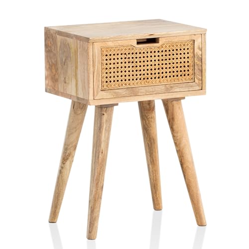 KADIMA DESIGN Nachtkonsole Mango Massivholz/Rattan 40x60x30 cm Nachttisch Braun | Nachtkommode Boxspringbett mit Schublade Wiener Geflecht | Nachtkästchen mit Stauraum