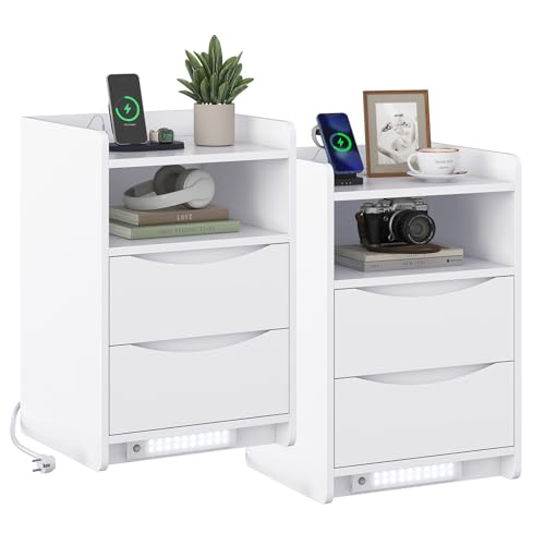 Brinlawb Nachttisch 2er set mit LED-Beleuchtung und Ladestation (2 AC-Steckdosen & 2 USB-Anschlüsse) Nachtschrank 2er set mit 2 Schubladen und 1 offenes Fach Beistelltisch für Schlafzimmer, Wohnzimmer