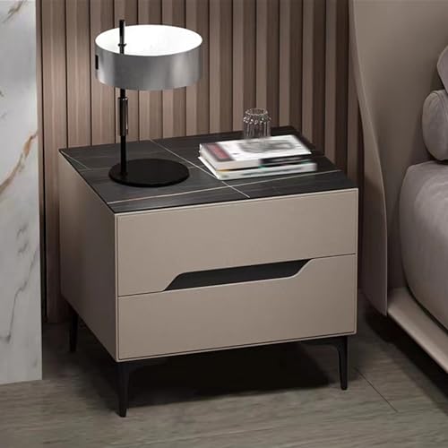 JDKJSBF Nachttisch mit 2 Schubladen, Nachttisch mit Lederoberfläche, Schieferregalen, Beinen aus Karbonstahl, Aufbewahrungstisch für Schlafzimmer, Wohnzimmer (Silber g Thoughtful