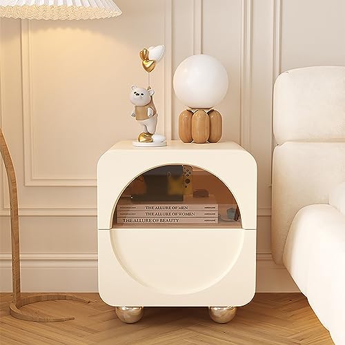 TSYORHSC Nachttisch mit 2 Schubladen, Kugelstützfüße aus Edelstahl, cremefarben, Nachttisch aus gehärtetem Glas, moderner Nachttisch für Schlafzimmer, kleine Räume, Beistelltisch, Möbel für Schlafzim