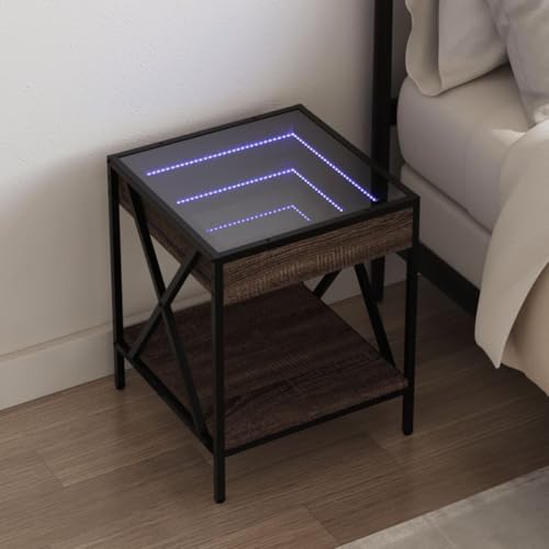 Runheo Nachttisch mit Infinity-LED, Braun Eichen-Optik, 40x40x49 cm, Holzwerkstoff, Metallgestell, RGB-Beleuchtung, stabil, langlebig, für Schlafzimmer und Wohnzimmer