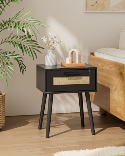 HEYZOEY Nachttisch Rattan, Beistelltisch mit Schublade, Nachtkommode mit Holz Beine für Schlafzimmer, Wohnzimmer, Natur Eiche,Gelb (Schwarz)