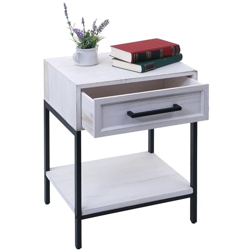 Mendler Nachttisch HWC-N91, Kommode Beistelltisch Nachtschrank Schrank, Schublade Shabby-Look Paulownia Holz 59x43x36cm - weiß