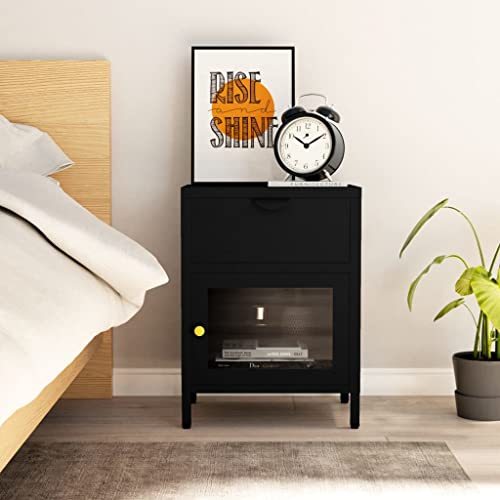 LVHUIDEH Nachttisch mit 1 Schublade und 1 Tür, Beistelltisch, kompakte Nachtschrank, Telefontisch, Nachtkonsole für Schlafzimmer Wohnzimmer, 40 x 30 x 54.5 cm, Stahl und Glas