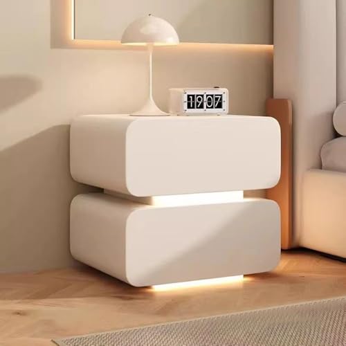 Moderner Nachttisch aus Massivholz mit Sensor-LED-Leuchten, intelligenter Nachttisch mit Mikrofaserleder, 2 Schubladen, Nachtkommode, Beistelltische für Schlafzimmer und Wohnzimmer