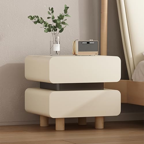 Moderner Nachttisch aus Massivholz mit 2 Schiebeschubladen, Kunstleder-Finish, minimalistischer Aufbewahrungsschrank, runder Eck-Beistelltisch für Schlafzimmer (40 x 40 x 40 cm)