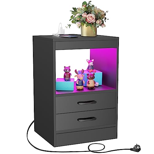 PIPIPOXER Nachttisch mit Ladefunktion, LED Nachttisch Schwarz mit 2 Schubladen und Hochglanz Kommode, Nachtschrank Nachttisch mit LED 16 Farben Beleuchtung Beistelltisch für Wohnzimmer, 40x35x60cm