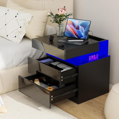 Chleby Modern Hochglanz-Nachttisch, Nachttische Schwarz Groß Nachttisch Beistelltische mit 2 Schubladen für Schlafzimmer, Wohnzimmer