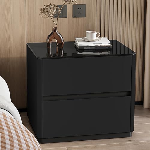 FBNMG Bodenstehender Nachttisch aus Massivholz, Moderner Nachtschrank mit 2 Schubladen, Beistelltisch mit Platte aus Gehärtetem Glas für Schlafzimmer Wohnzimmer Sofa Eingang(23.6 (60CM), Black)