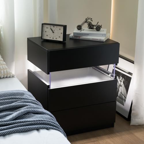 SogesPower LED Nachttisch 3 Schubladen mit 16 Farbmodi Acrylglas-Beleuchtung werkzeugloser Aufbau Kippsicherung für Kinderzimmer Homeoffice 38x48x61 cm, Schwarz