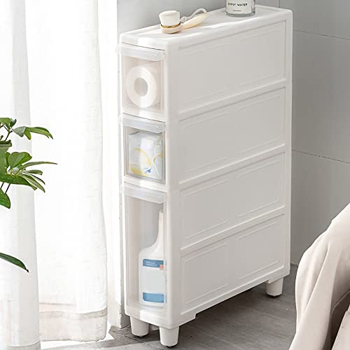 Schlanker vertikaler Badezimmerschrank mit 4 transparenten Schubladen und Rollen, freistehender schmaler Turmwagen für kleine Räume, Freimontage und platzsparendes Design