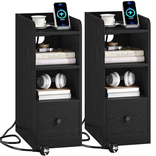 Hzuaneri Nachttisch 2er Set, Schmal, Beistelltisch mit Ladefunktion, USB & Type C Anschlüsse, Nachttische mit 3 Etagen Stauraum, 1 Schublade, für Schlafzimmer, Wohnzimmer, Schwarz NS36504X