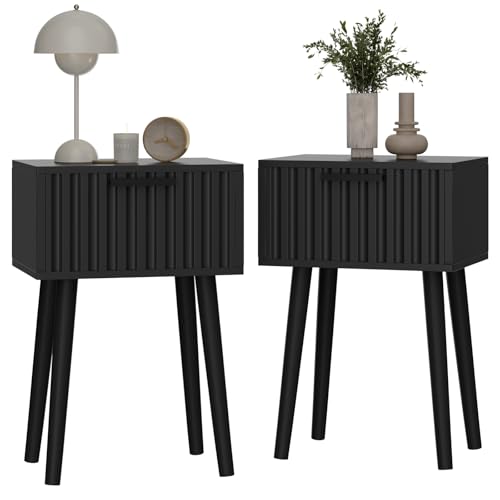 YMYNY Nachttisch 2er Set, Beistelltisch, Nachtschrank, Magnetschublade mit geriffelten Fronten, Massivholz Beinen, Modern, Couchtisch für Schlafzimmer Wohnzimmer, Schwarz HST014B-2