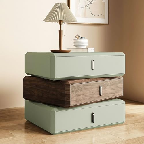 SIONDSTS Mobile Sofa-Beistelltische, Nachttische, Massivholz-Nachttisch mit 3 Schubladen, um 360° drehbarer Nachttisch, strapazierfähig und stilvoll,moderner Würfel-Aufbewahrungsschr ank,Grün,40cm