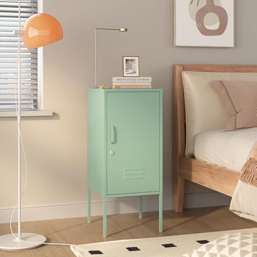 [en.casa] Nachttisch Hausjärvi Nachtschrank Metallschrank 82 x 35 x 35 cm mit 1 Tür Nachtkästchen Türgriff Links Nachtkommode abschließbar Büroschrank Metall Mintgrün