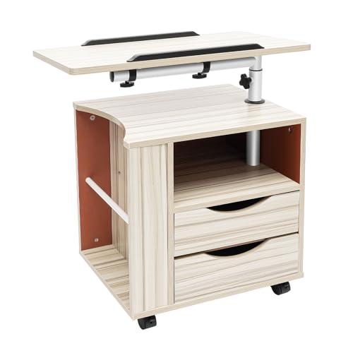 Mqwdxzfes Funktionaler Drehbarer Nachttisch, Höhenverstellbarer Nachttisch mit Schubladen Rädern, 360° Drehbarer Tisch, Betttisch Auf Rollen Ragbarer Beistelltisch für Schlafzimmer/Wohnzimmer