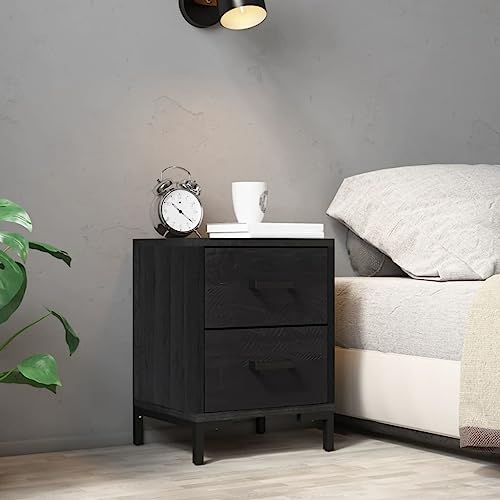 Qnhdfrt Vintage Nachttisch Schwarz Massivholz Kiefer 36x30x45 cm Schmal mit Schubladen Industrieller Look Robuste Oberplatte Metallfüße für Schlafzimmer Beistelltisch