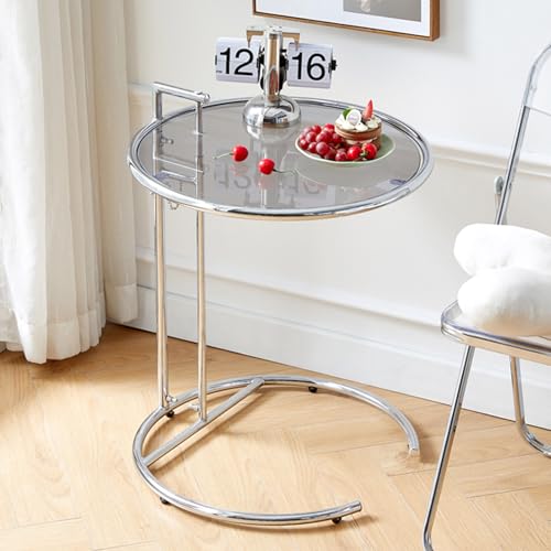 Beistelltisch aus Glas, runder Beistelltisch mit Griff und Metallrahmen, höhenverstellbarer C-förmiger Sofatisch, kleiner Couchtisch mit Platte aus gehärtetem Glas, Nachttisch für Wohnzimmer und Schl