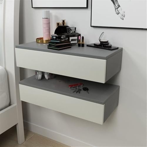 HanDpi Schwebender Nachttisch, 2er-Set, Nachttisch aus Holz mit Schubladen, Nachttisch zur Wandmontage, Beistelltisch für Schlafzimmer, Wohnzimmer, Büro (Silber, 23,6 Zoll)