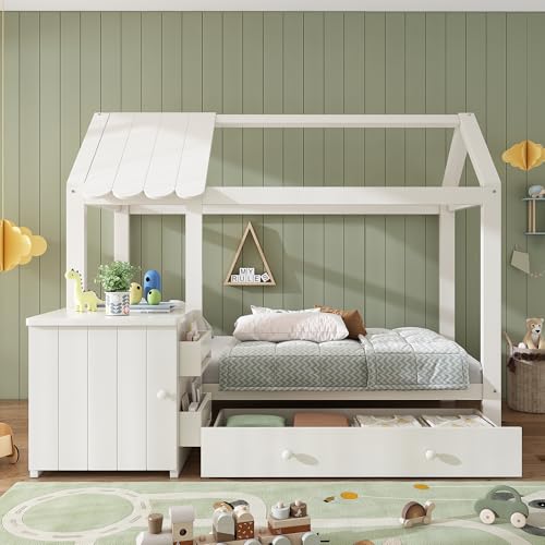 BXEYXE Hausbett Kinderbett 90x200 cm aus Massivholz mit Schubladen & abnehmbarem Nachttisch - Bodenbett in Weiß, ohne Matratze