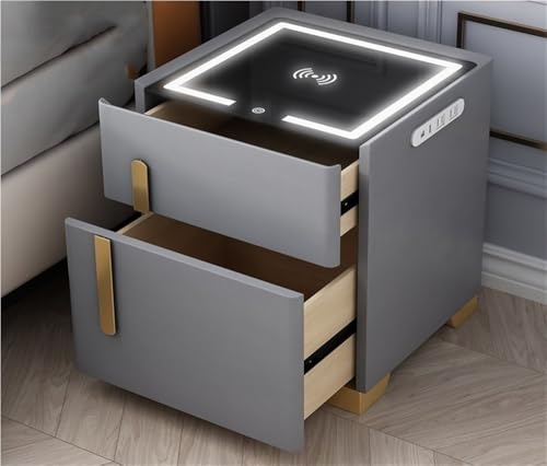 Generisch Intelligenter Nachttisch mit Ladestation, Nachttisch aus Leder mit Schubladen, Leichter Luxus-Nachttisch mit Licht, moderner, einfacher Nachttisch (Silber, 35,4 x 39,9 x 50 cm) (Silber 35,4