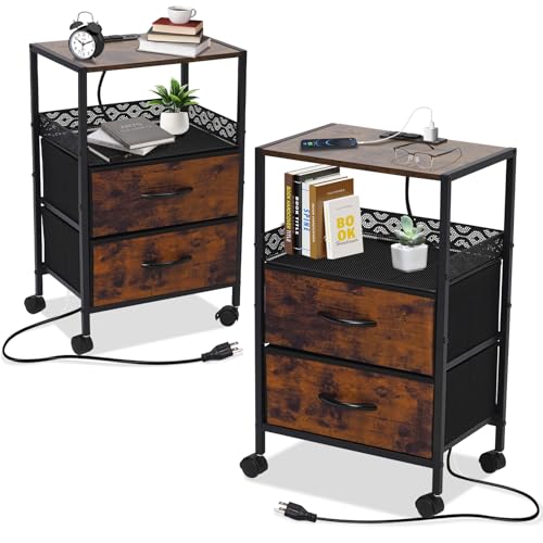 Yosamy 2er Set Steckdose, Rollen, Stoffschubladen, AC Steckdosen, USB Anschlüsse, für, 40x28x60cm, Retro Farbe