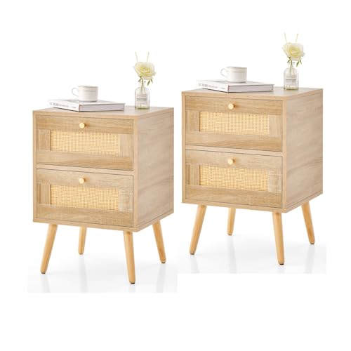RELAX4LIFE Nachttisch Holz, Nachtschrank mit 2 Rattan-Schubladen, Nachtkommode 40 x 40 x 59 cm, Beistelltisch für Wohnzimmer, Schlafzimmer (2 Stück)