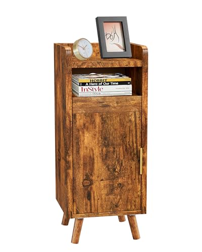 Durecoform Nachttisch Schmal, Kleiner Nachtschrank Braun Holz mit Tür und Offenem Fach, Nachtkästchen Beistelltisch mit Stauraum Moderner Nachttisch für Schlafzimmer Wohnzimmer (25×30×61cm)
