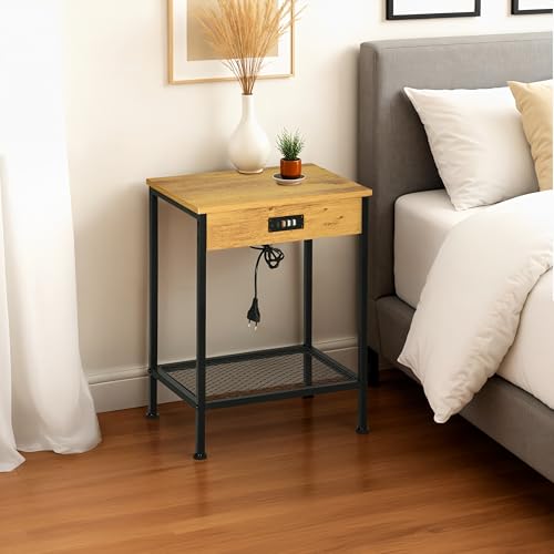 MEUBLE Cosy Nachttisch mit Ladestation 4 USB-Anschlüssen Nachtschrank mit Ablageboden für Schlafzimmer, Industrie, Metallgestell, Hellbraun, 38x28x52cm MEUBLE Cosy Nachttisch mit Ladestation 4 USB-Anschlüssen Nachtschrank mit Ablageboden für Schlafzimmer, Industrie, Metallgestell, Hellbraun, 38x28x52cm