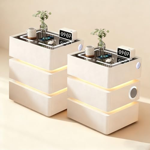 GXSDYYDS Nachttisch Weiß 2er Set, Nachtschrank mit 3 Schubladens, Hochglanz, LED Nachttisch Modern mit 3 Licht Dimmbar, Automatischer Sensor und Bluetooth-Lautsprecher, Kabelloses Laden, Sofatisch